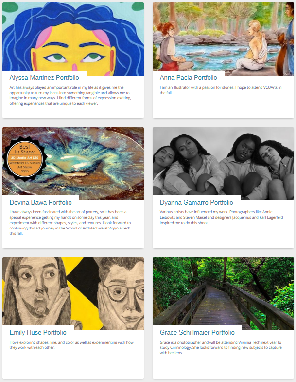 Images of the cover art for six student portfolios