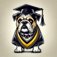 bulldog wearing black and gold with graduation cap